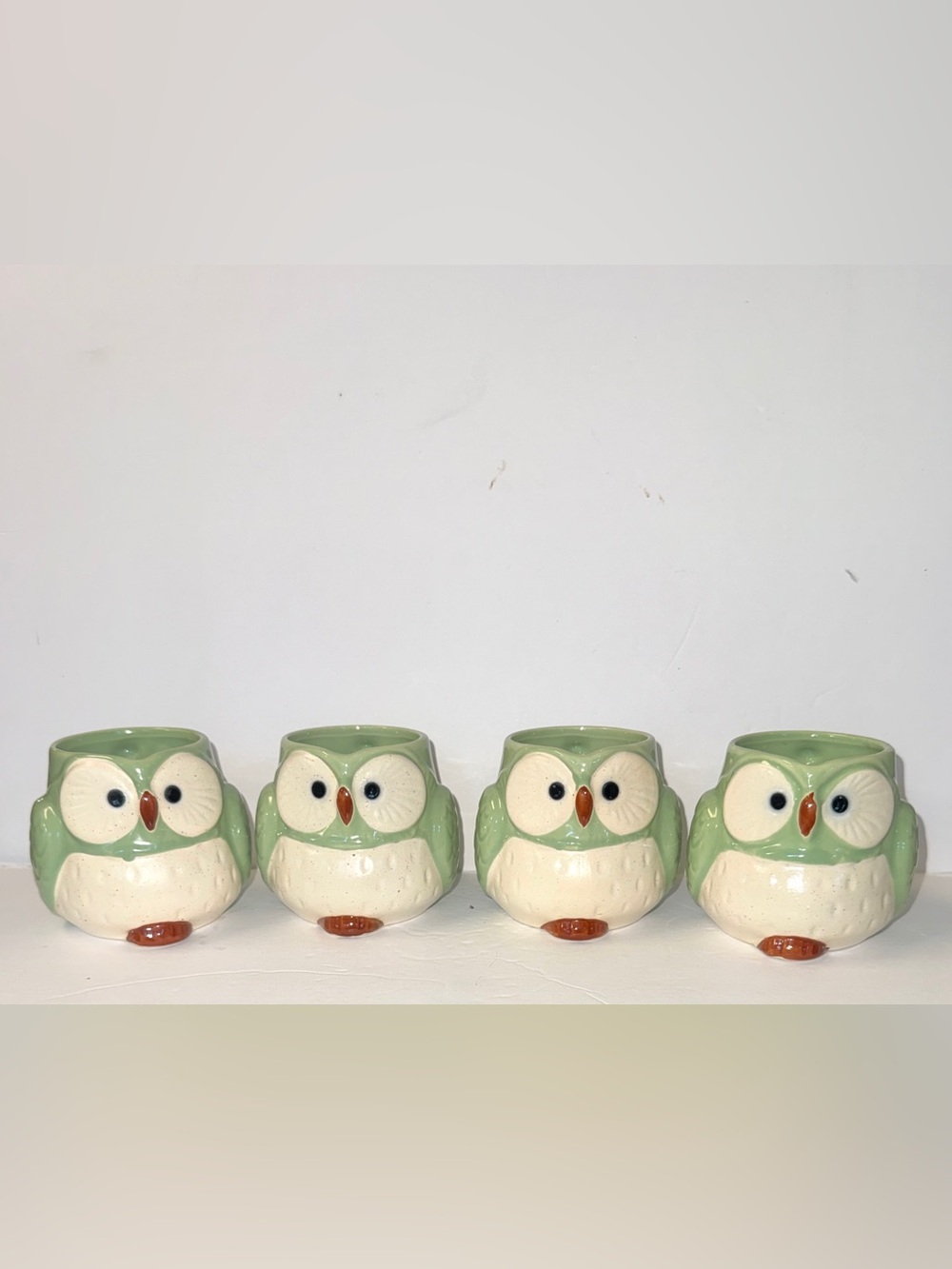 Vintage Kotobuki Japanese Ceramic green Owl Mug cup Made In Japan set of 4